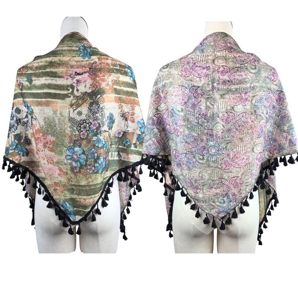 Vintage Reversible BOHO Floral Scarf Wool Silk Blend Colorful  Pom Poms Hippie